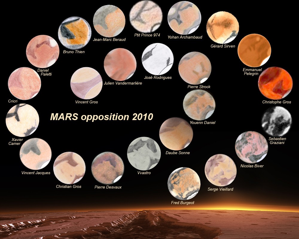 Cette planche regroupant les dessins de la planète Mars au cours de l'opposition 2010 a eu les honneurs de l'Apod. Crédit S. Vieillard / J. Vandermarlière 
