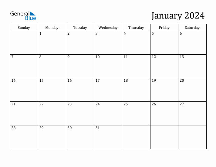 January 2024 Monthly Calendar (PDF, Word, Excel)