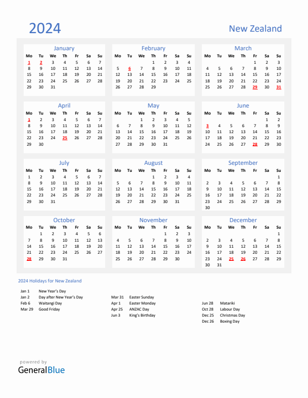 2024 New Zealand Calendar with Holidays