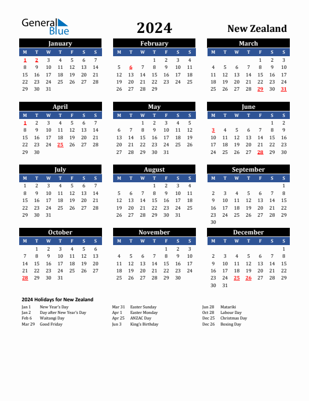 2024 New Zealand Calendar with Holidays