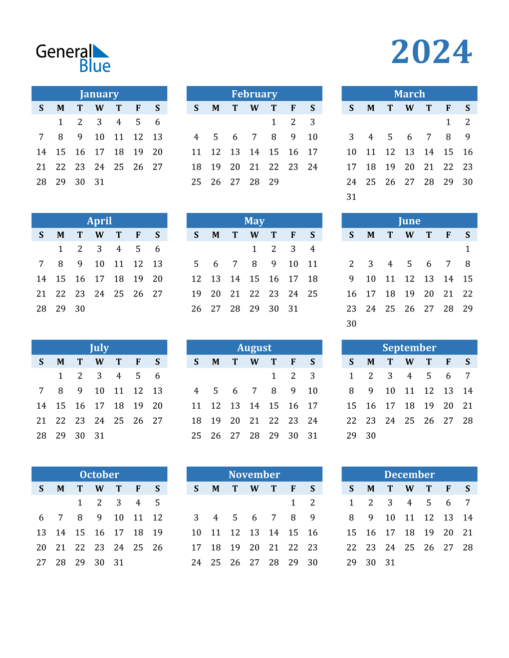 Printable Full Year 2024 Calendar