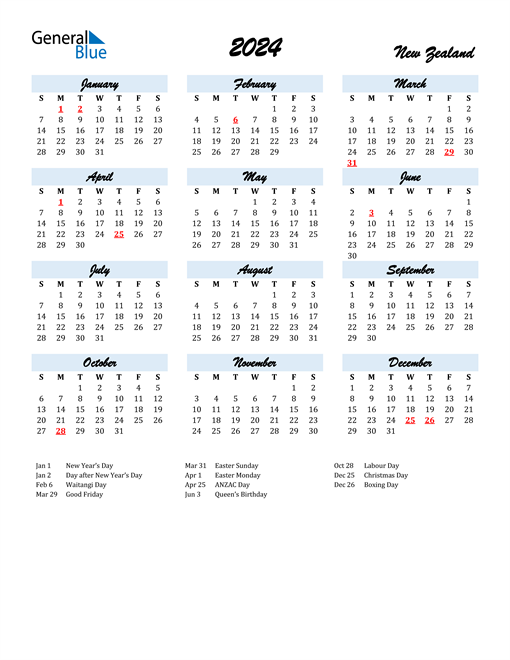 2024 New Zealand Calendar with Holidays