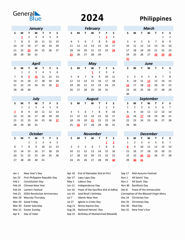 2024 Philippines Calendar with Holidays