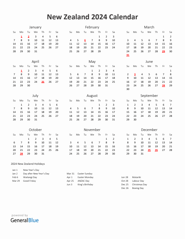 2024 New Zealand Calendar with Holidays