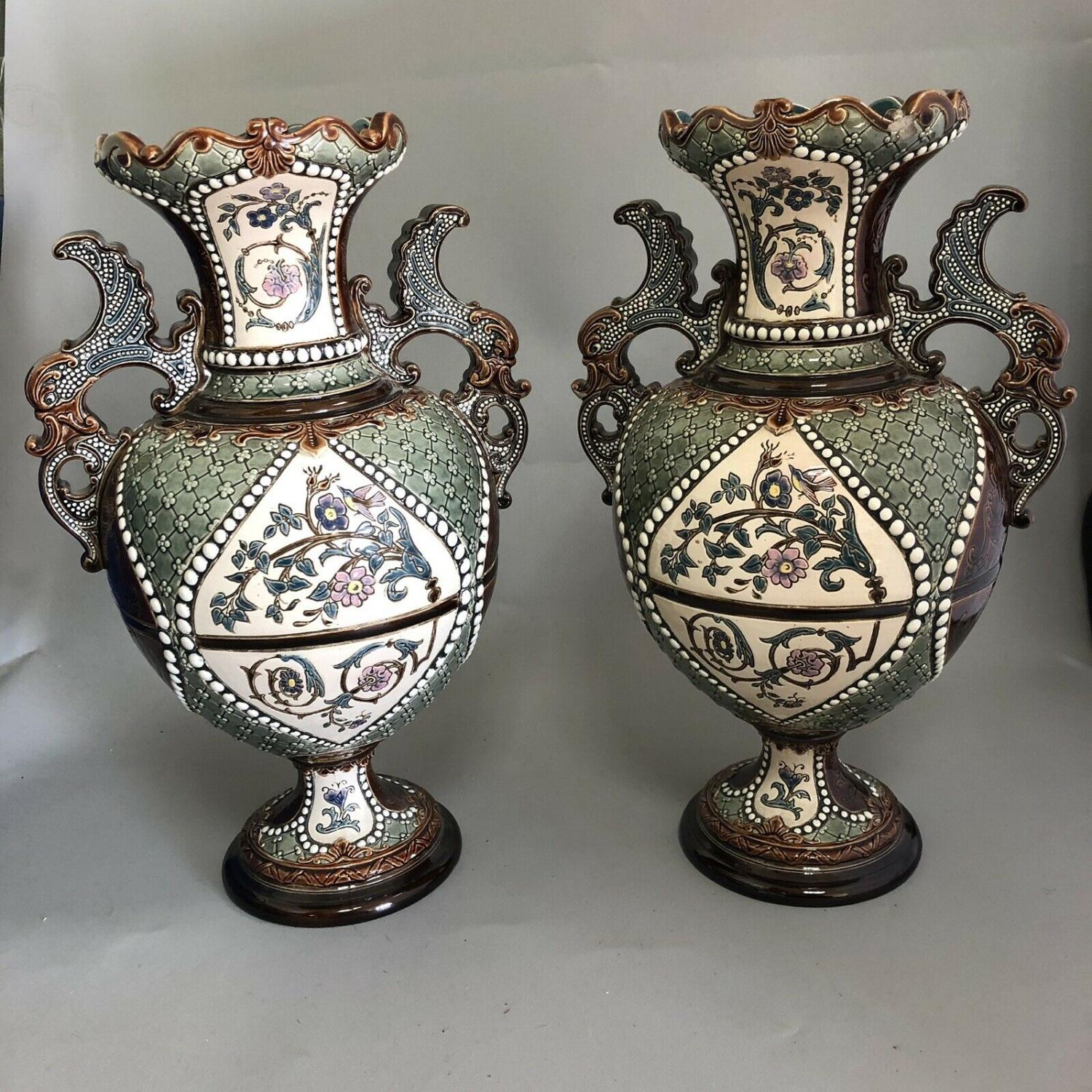 Pair of Antique Austrian Gerbing & Stephan Majolica Pottery Vases c ...