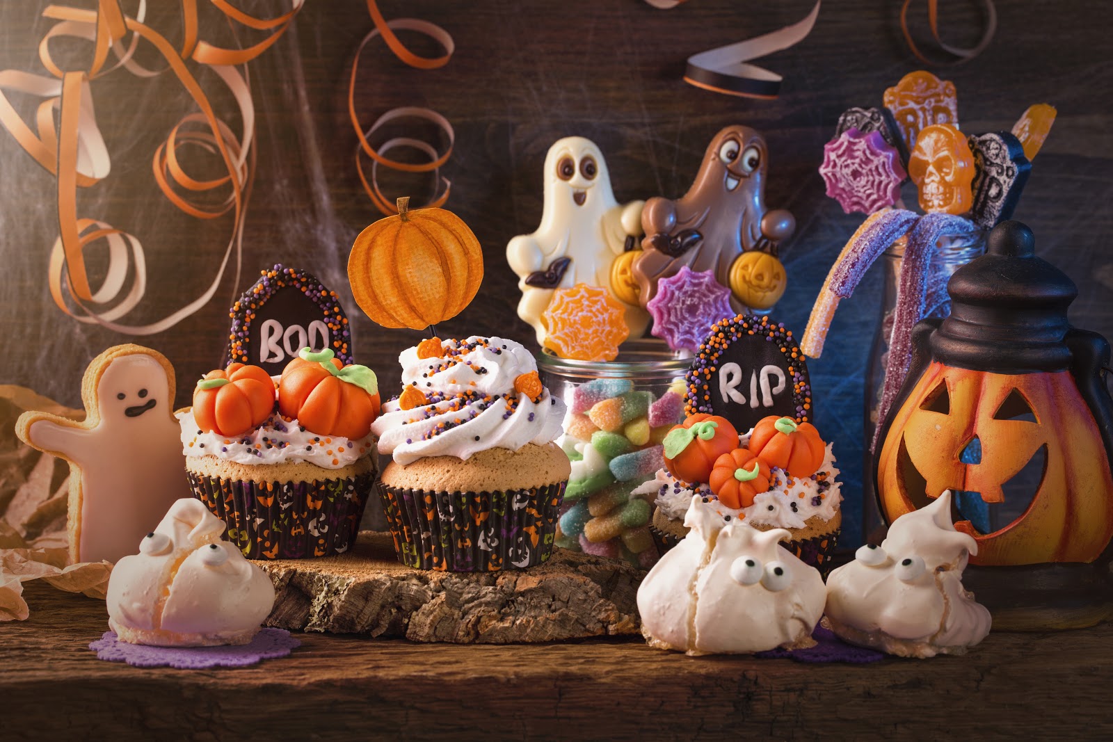 Halloween party food: A table of sweets and desserts