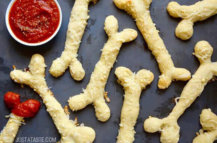 Halloween party food: bone-shaped cheesy breadsticks