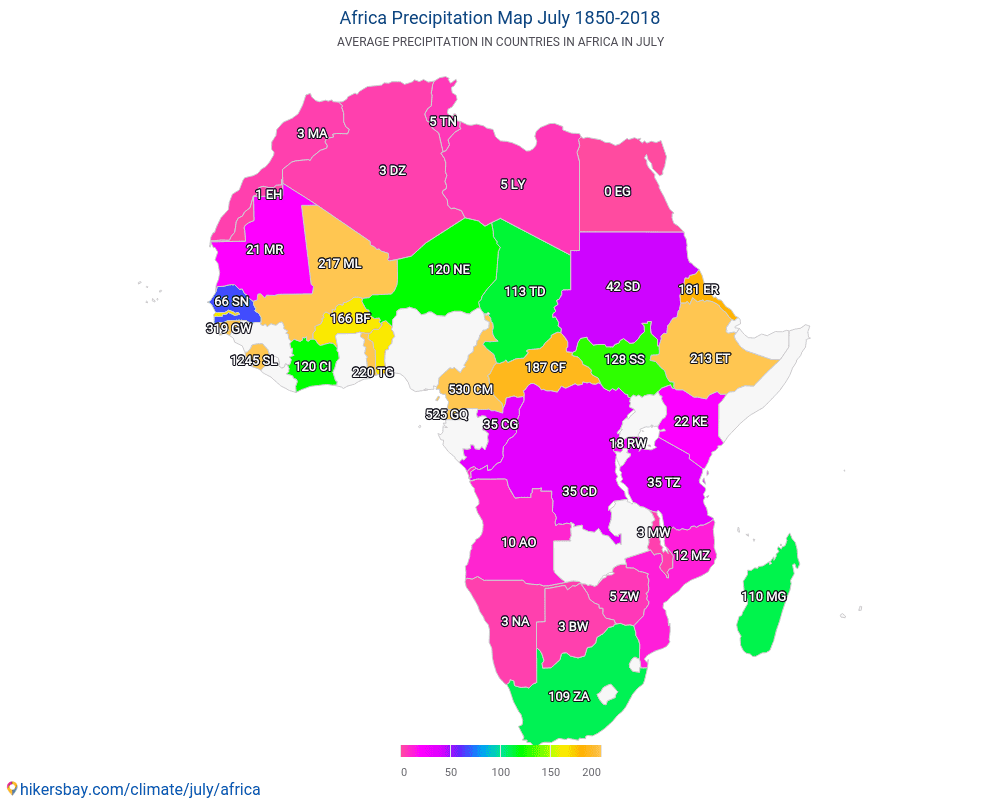 Africa - Average temperature in Africa over the years. Average weather in July. hikersbay.com