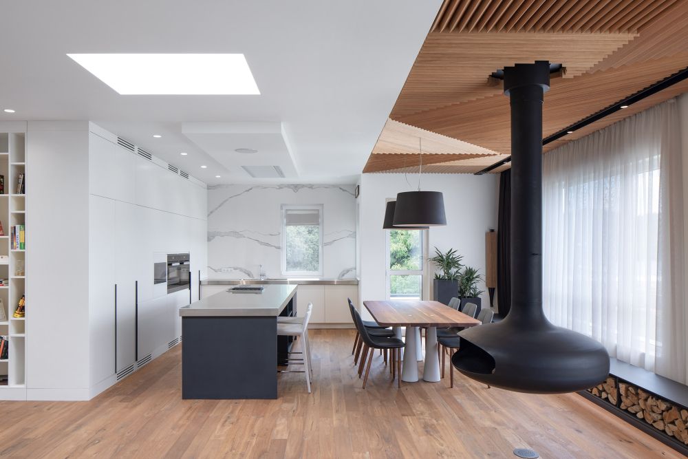 Modern kitchen with a small floor plan and open space