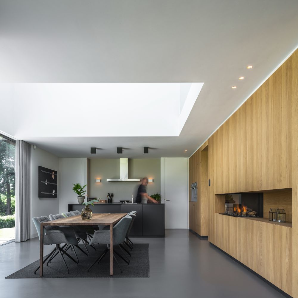 Modern kitchen with a small floor plan and open space