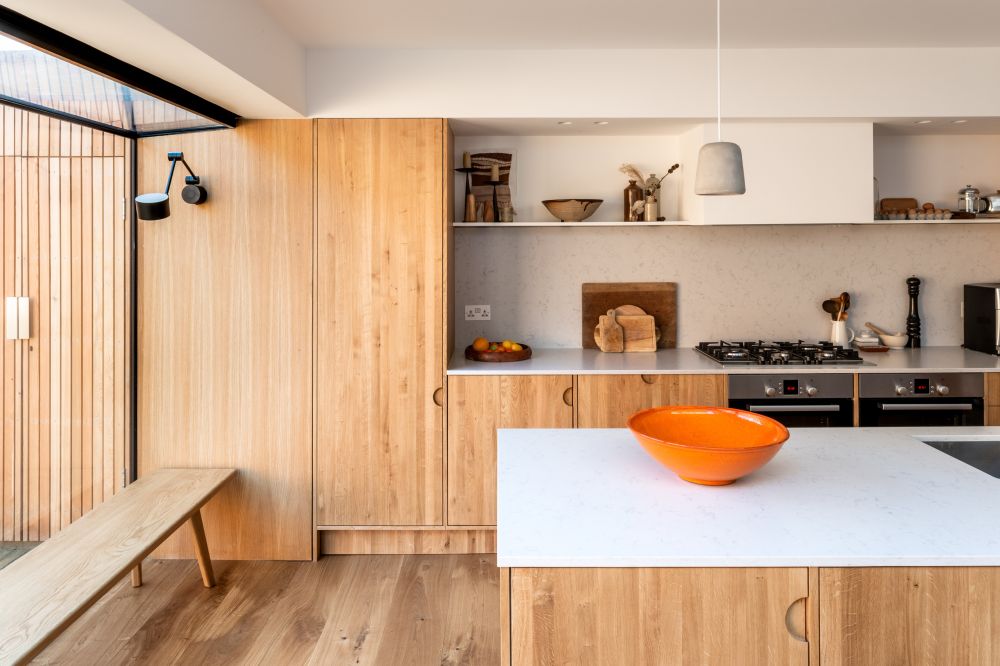 Modern kitchen with a small floor plan and open space