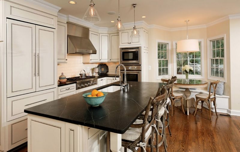 Modern kitchen with a small floor plan and open space