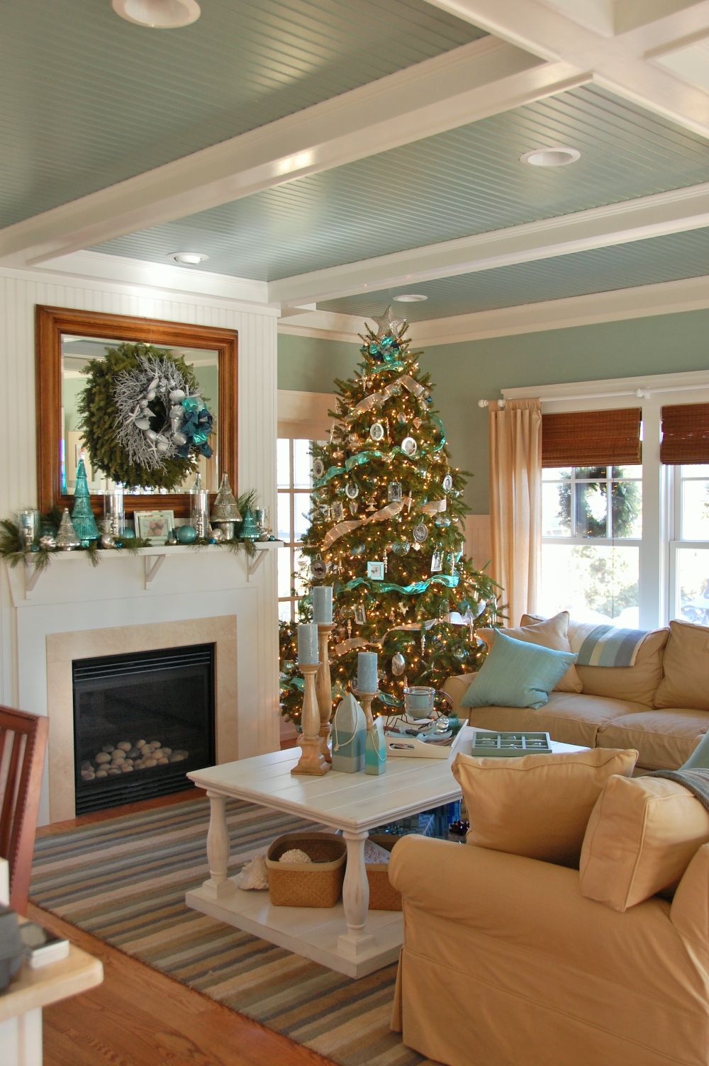 Porch with beadboard ceiling and walls