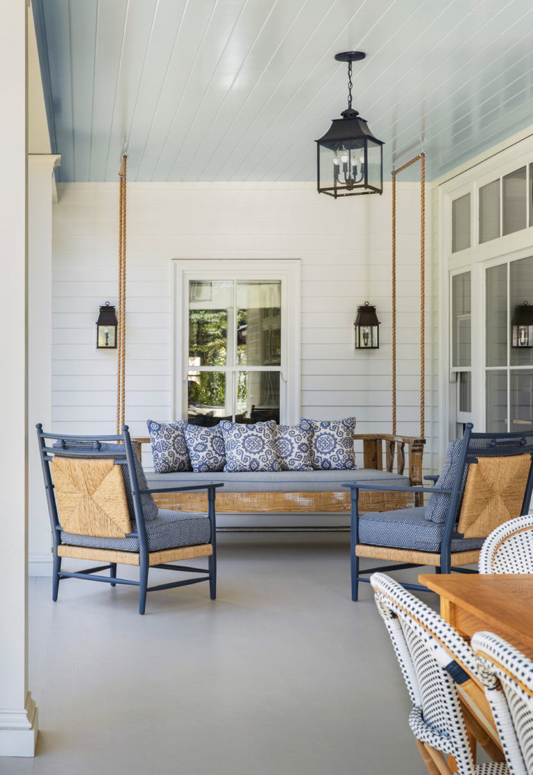 Porch with beadboard ceiling and walls