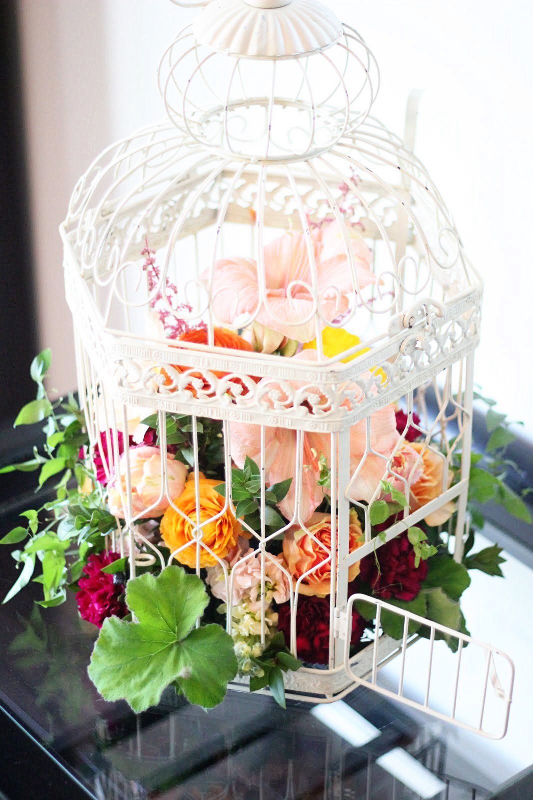 Purple pale and orange table centerpiece