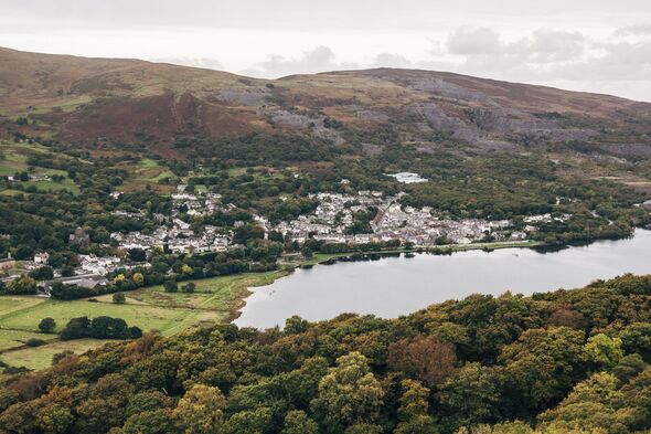 Llanberis town and lake in Snowdonia National Park, North Wales