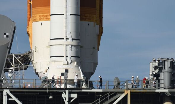 Engineers at the base of the SLS