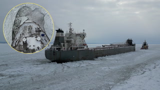 Drone footage shows Canadian freighter trapped in ice