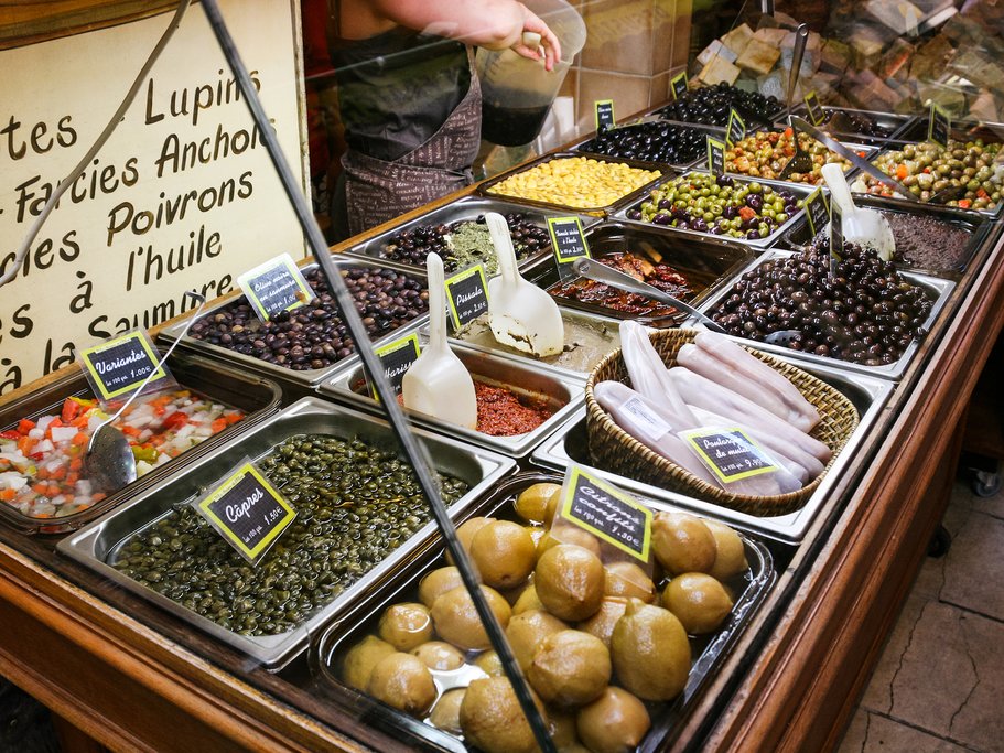 Fresh olives and pickles at the market