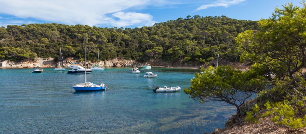 Boats moored off the shore