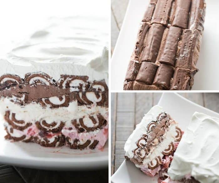 A Swiss Roll ice cream cake with so many lovely layers! Swiss Roll cakes are separated by layers of strawberry ice cream, vanilla ice cream and chocolate ice cream!