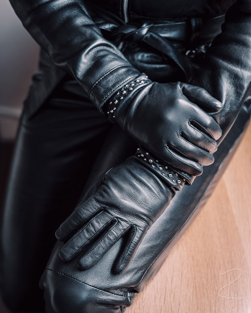 Studded black leather gloves by Dents that I wore with my black leather jumpsuit by Lab Leather