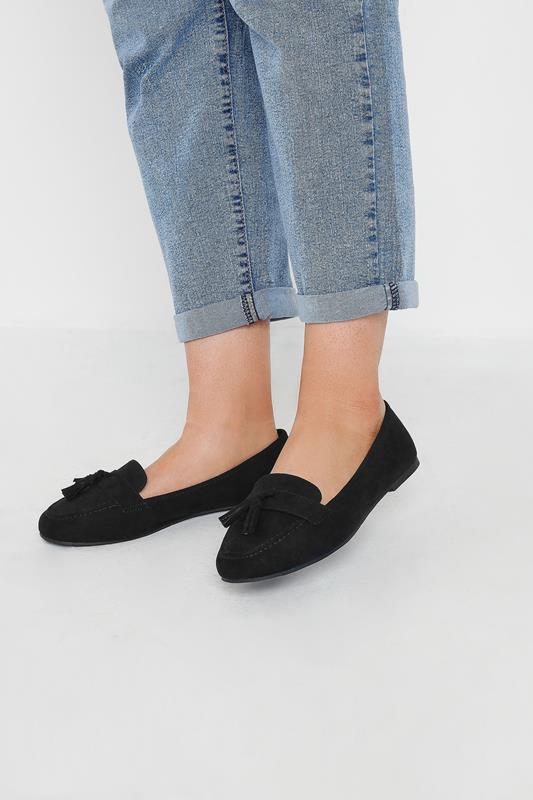 Black Tassel Detail Faux Suede Loafers In Extra Wide EEE Fit | Yours Clothing 1