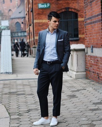 Navy Blazer with Black Dress Pants Outfits For Men: A navy blazer and black dress pants are absolute staples if you're piecing together a stylish wardrobe that matches up to the highest menswear standards. A good pair of white leather low top sneakers is an effortless way to inject a hint of stylish effortlessness into your getup.