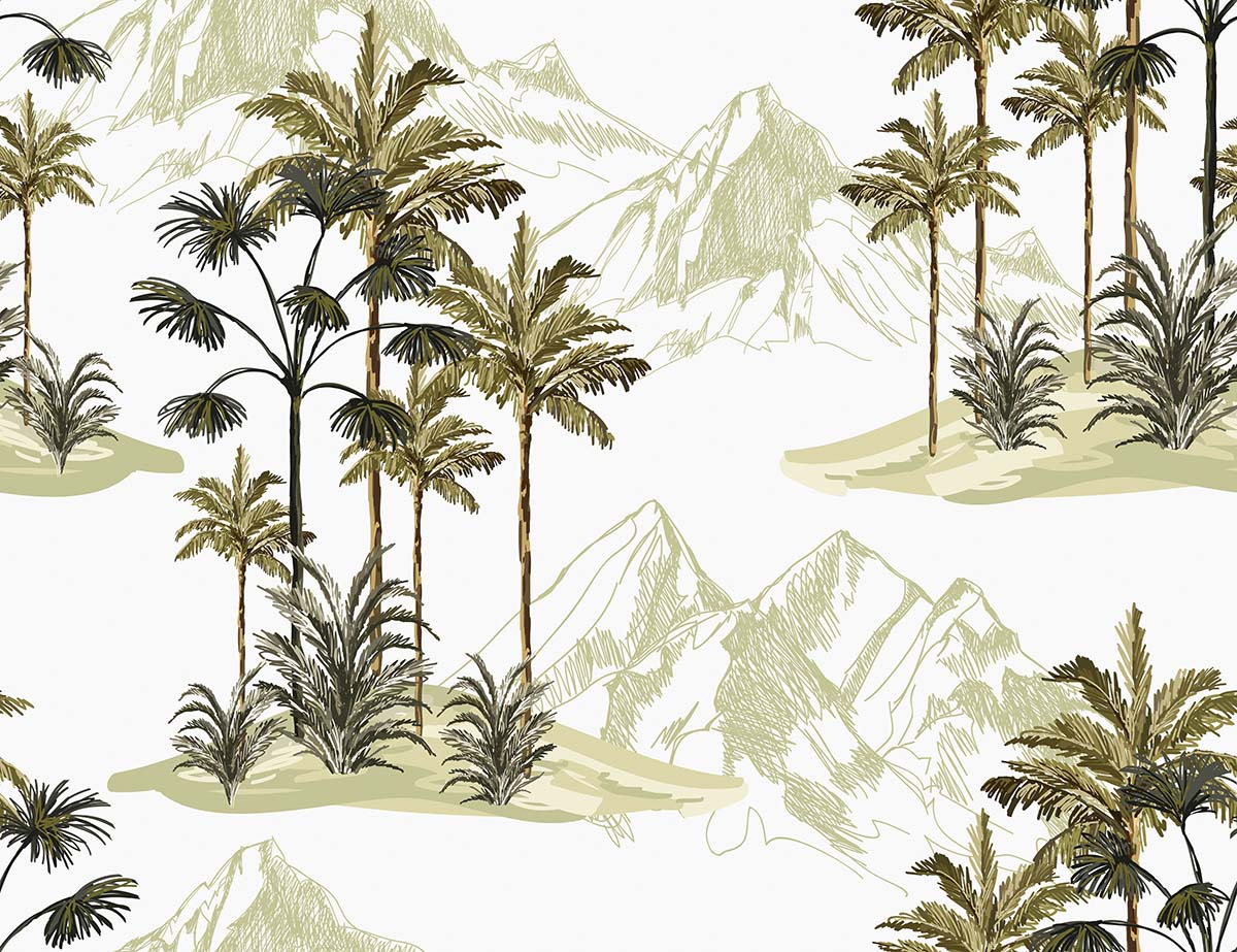 Dining Room Wallpaper with Palm Trees and Mountains