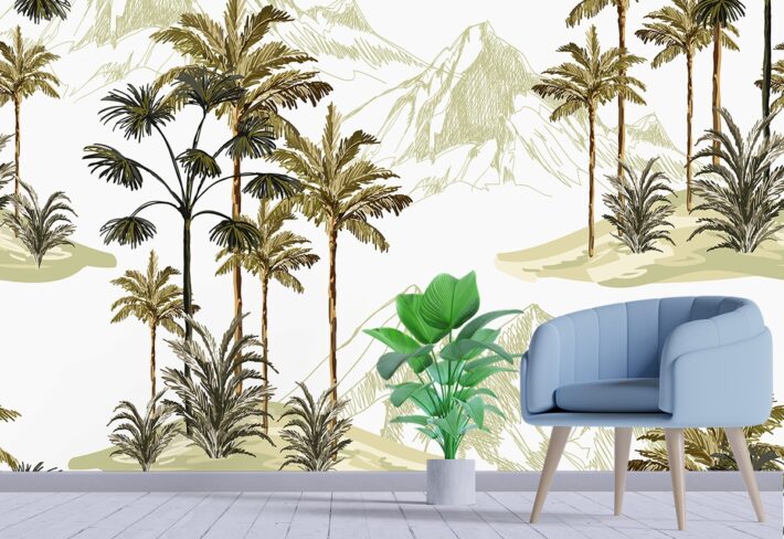 Dining Room Wallpaper with Palm Trees and Mountains