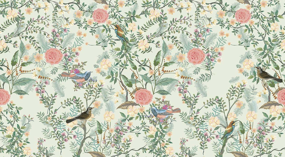 Dining Room Wallpaper With Birds and Flowers