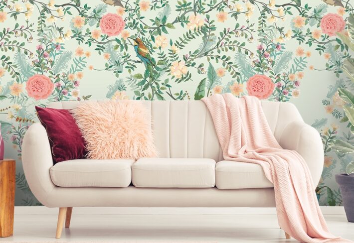 Dining Room Wallpaper With Birds and Flowers