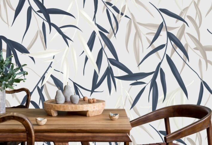 Blue Bamboo Floral Wallpaper for Dinning Room