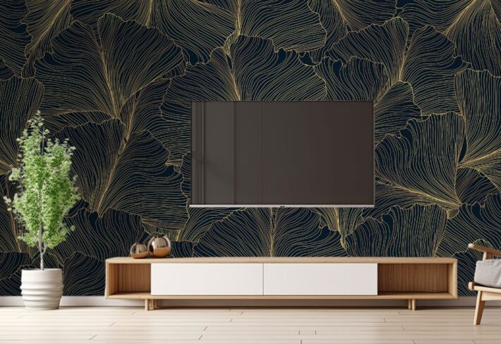 Luxury Golden Ginkgo Line Art Mural Wallpaper