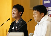 Japan national men's football team manager Hajime Moriyasu, left, and captain Wataru Endo address a press conference in Saitama, eastern Japan, on Sept. 4, 2024. (Kyodo)