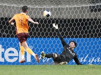 Gwangju FC's Jasir Asani, left, scores his third goal against Yokohama F Marinos in their AFC Champions League Elite game at South Korea's Gwangju World Cup Stadium on Sept. 17, 2024. (Kyodo)