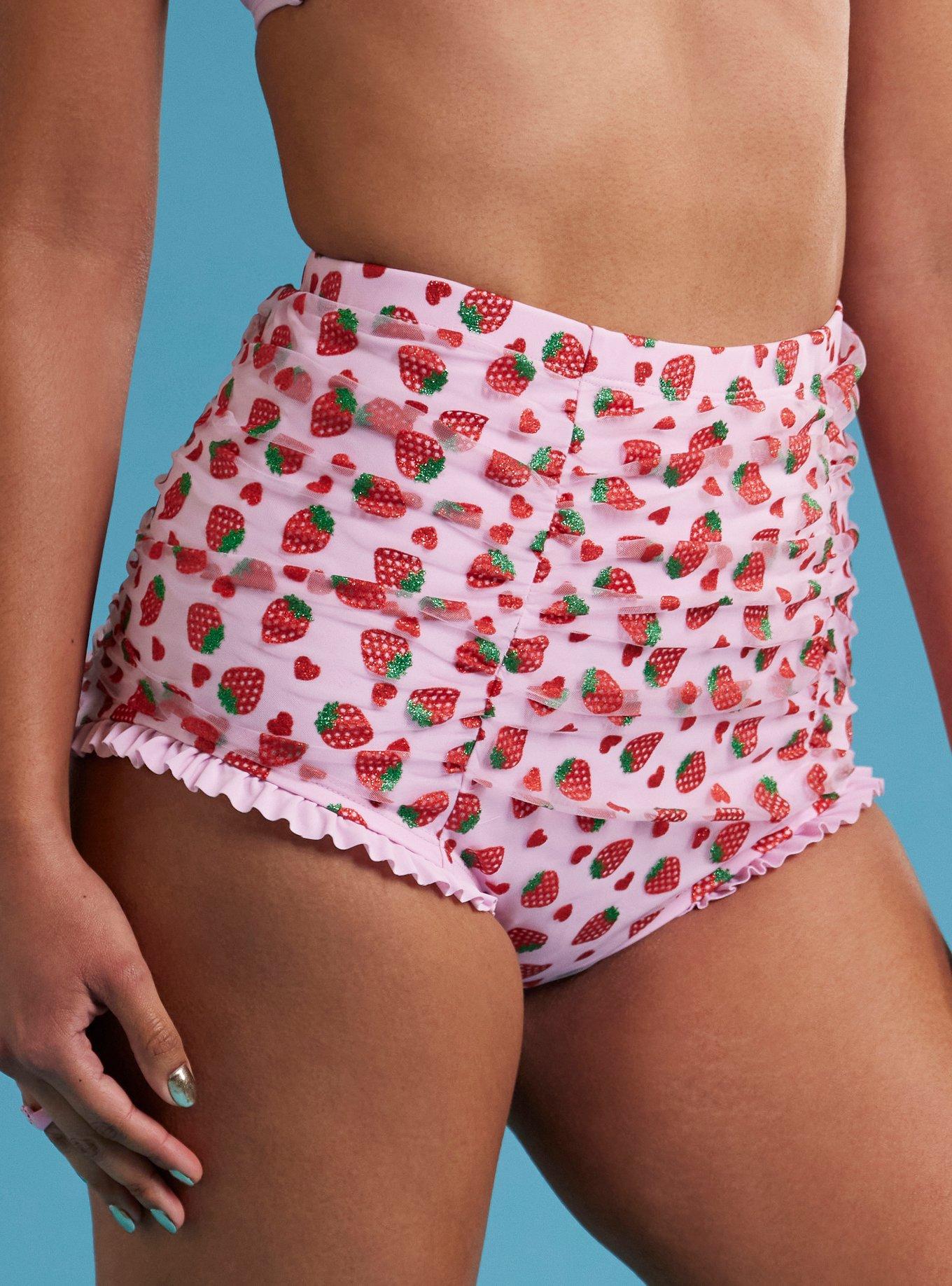 Strawberry Heart Mesh High-Waisted Swim Bottoms, , hi-res