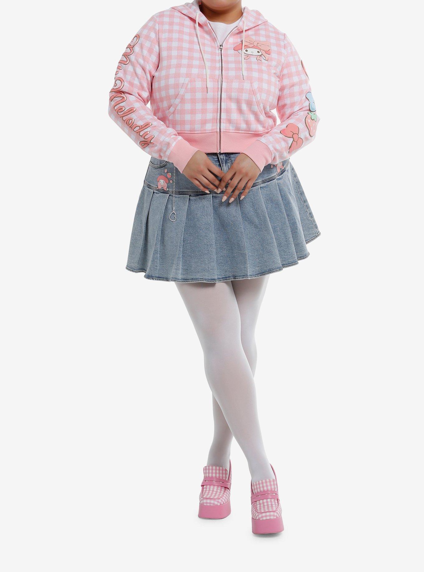 My Melody Puff Print Gingham Girls Crop Hoodie Plus Size, , alternate