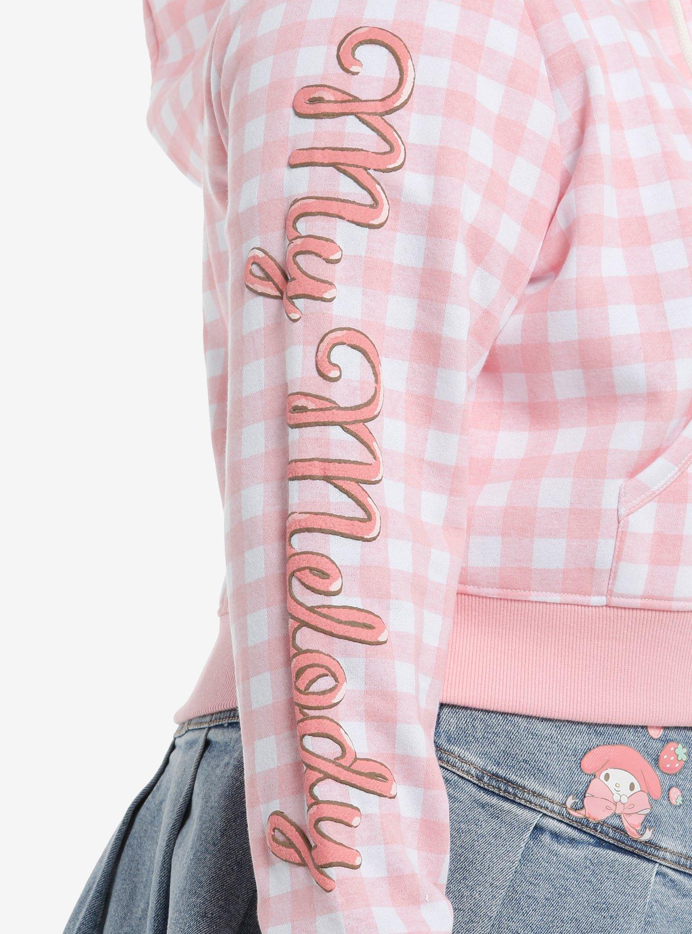 My Melody Puff Print Gingham Girls Crop Hoodie Plus Size, , alternate