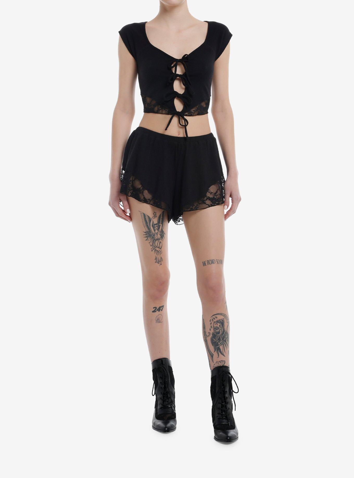 Thorn & Fable Black Lace Girls Lounge Shorts, , hi-res