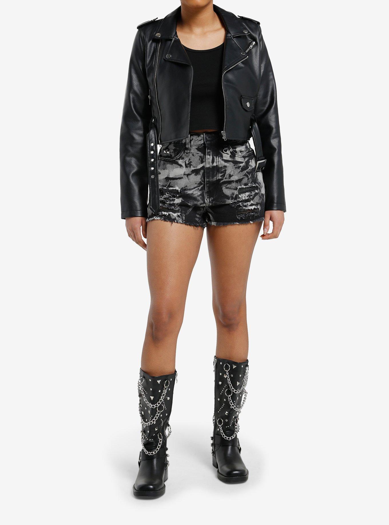 Black Acid Wash Studded Denim Shorts, , hi-res