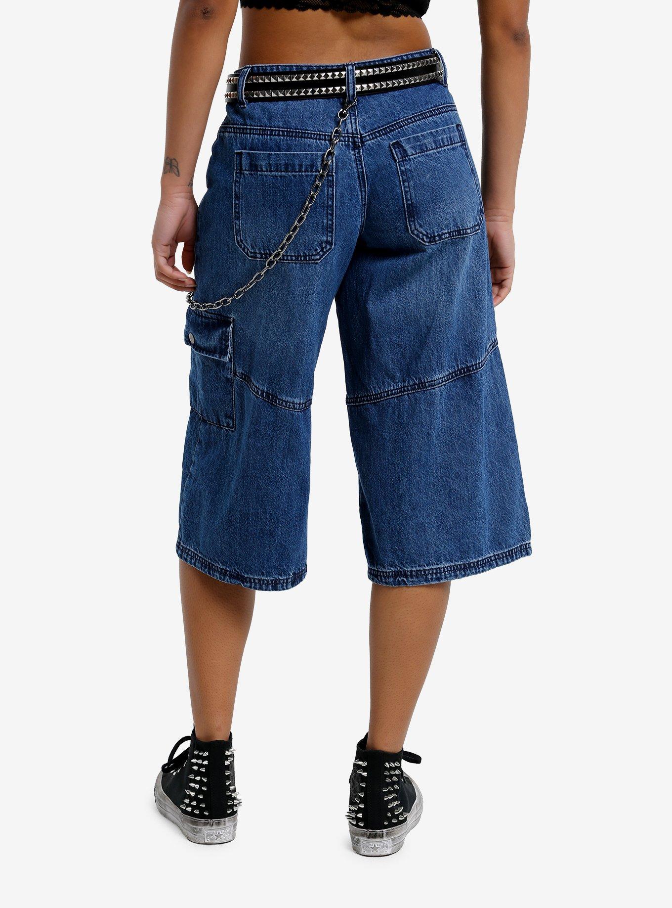 Indigo Studded Belt & Chain Denim Long Shorts, , hi-res