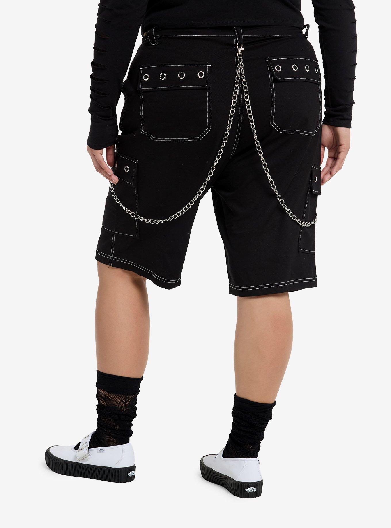 Black Grommet & Chain Cargo Shorts Plus Size, , hi-res