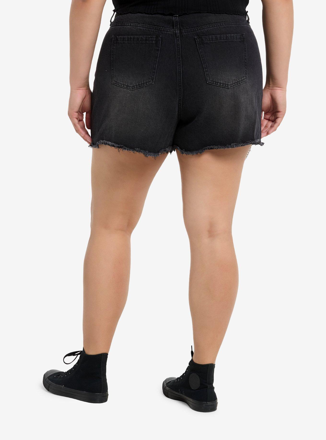 Black Star Chains Denim Shorts Plus Size, , hi-res