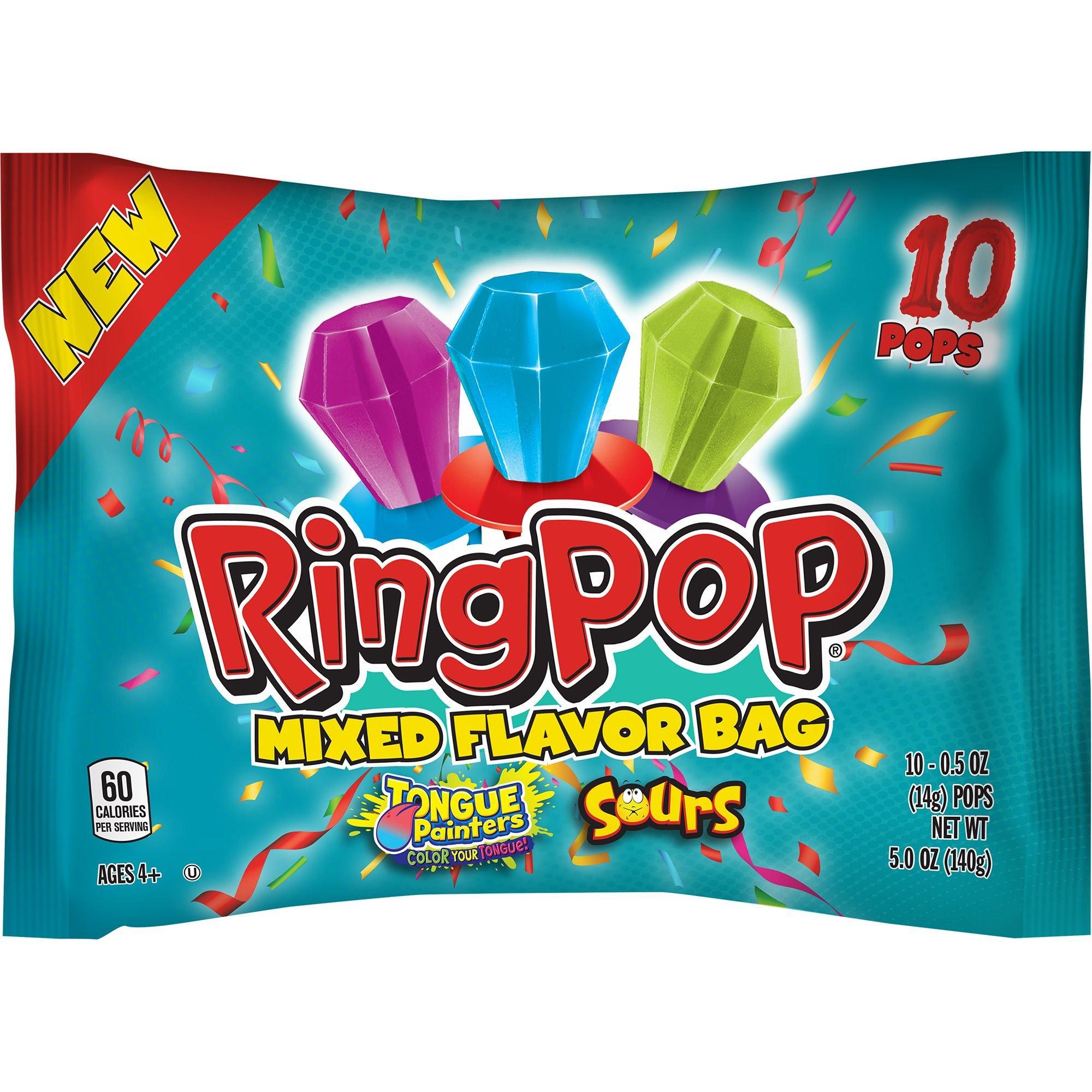 Bazooka Ring Pop Sours & Tongue Painters Bag, 10pc - Blue Raspberry, Purpleberry, Sour Cherry & Sour Watermelon