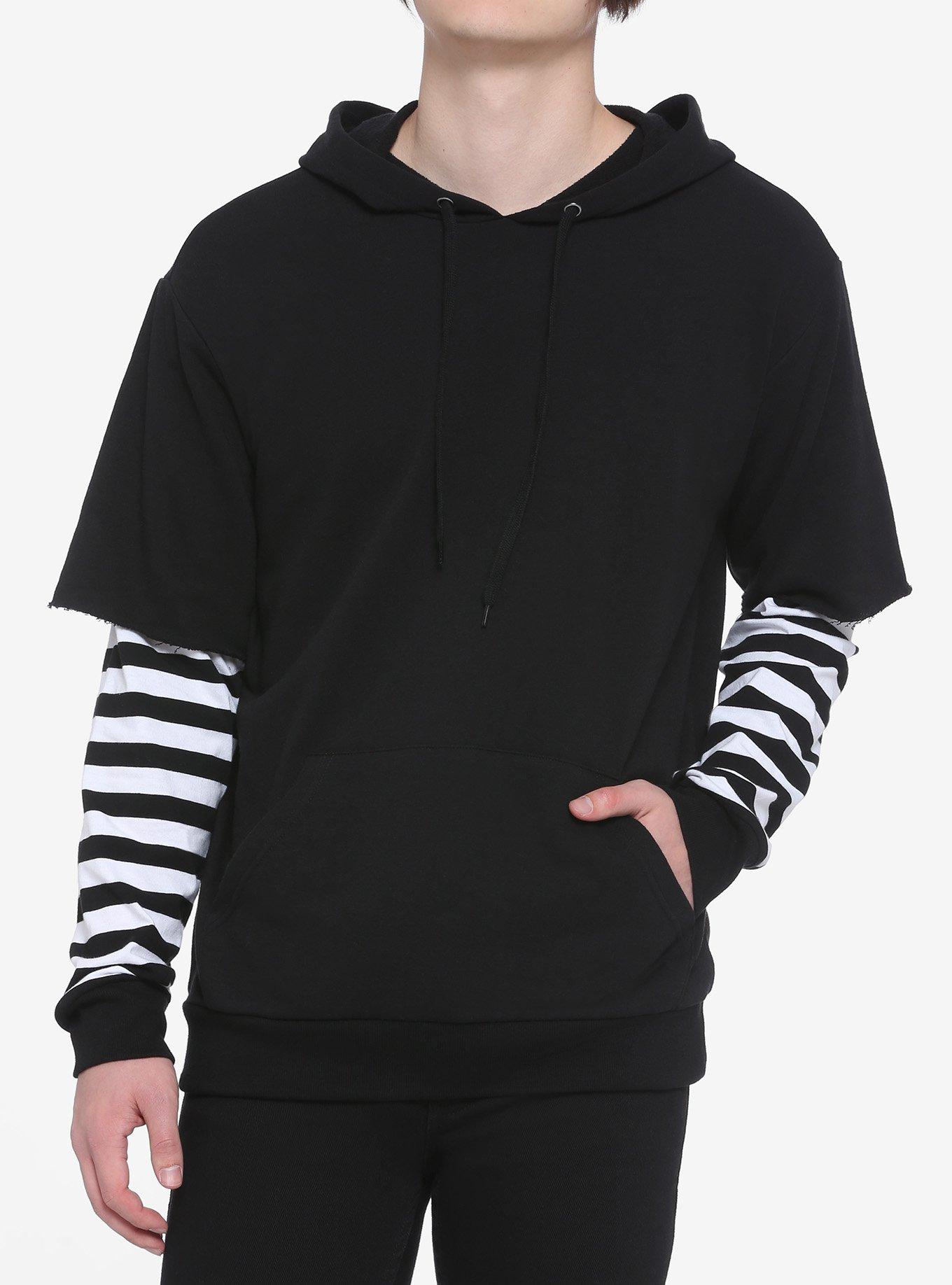 Black & White Stripe Sleeve Twofer Hoodie, STRIPES, hi-res