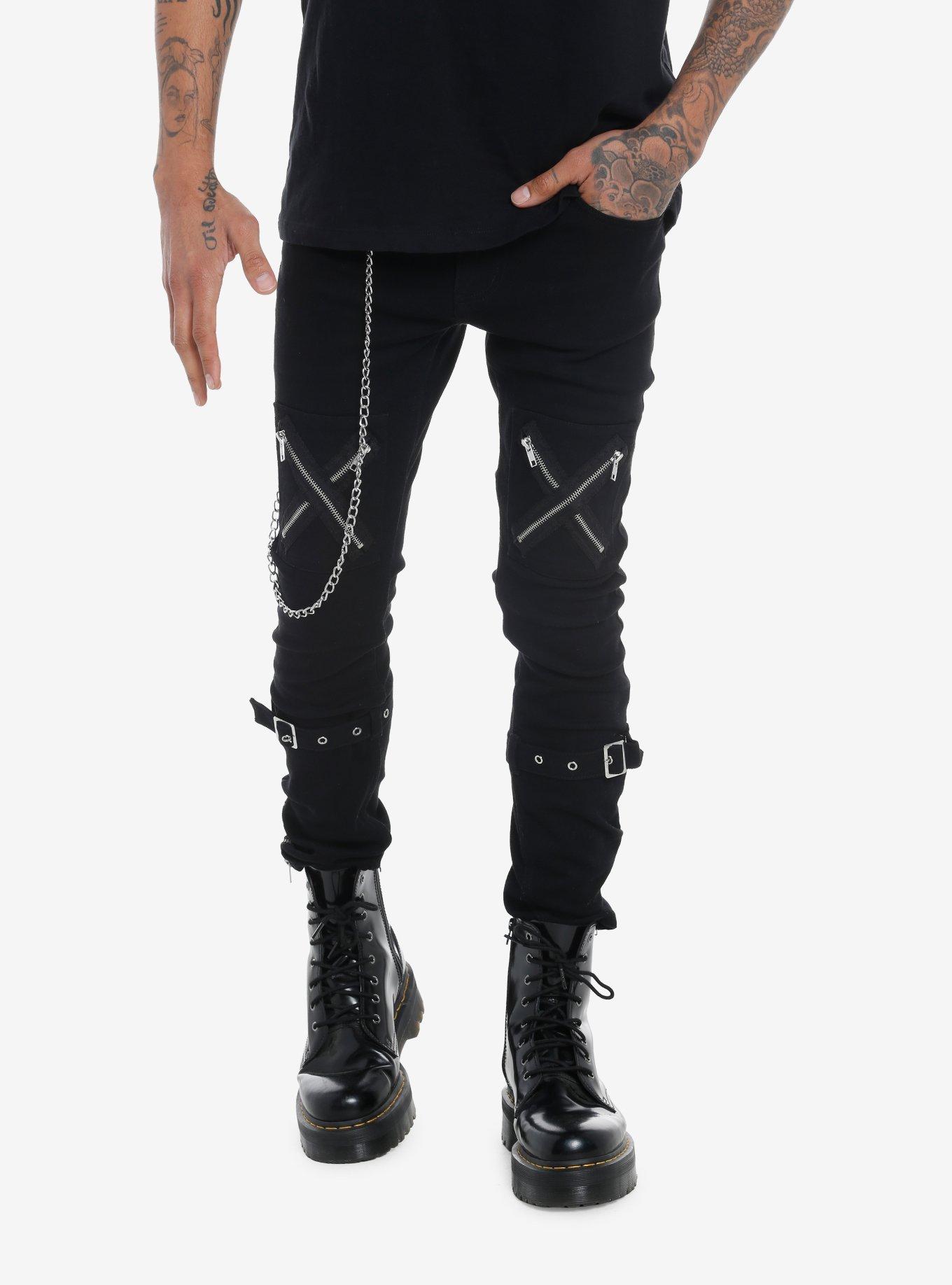 Black Zipper Buckle Stinger Jeans, BLACK, hi-res