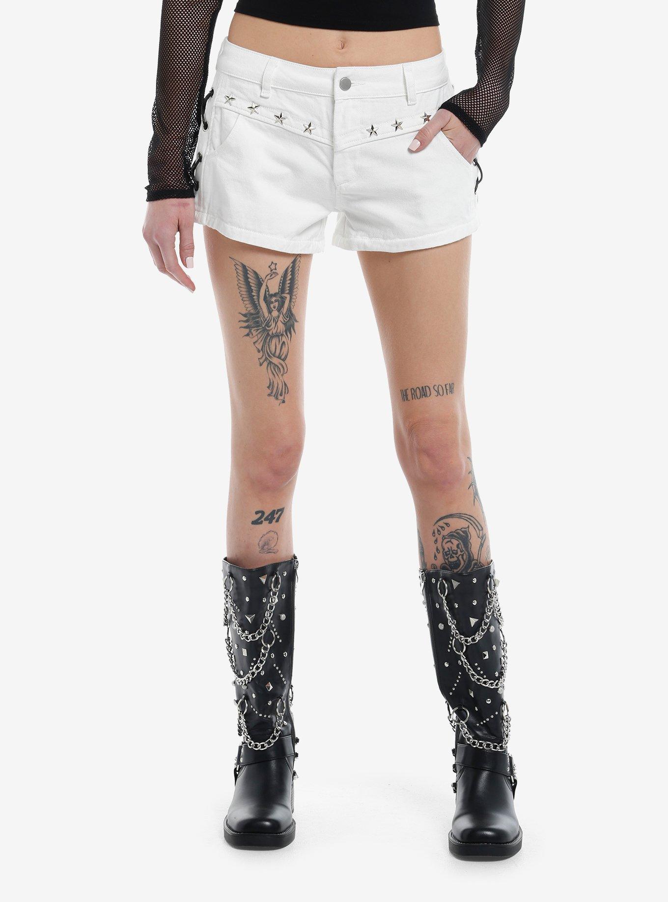 White Lace-Up Star Stud Girls Denim Shorts, , hi-res