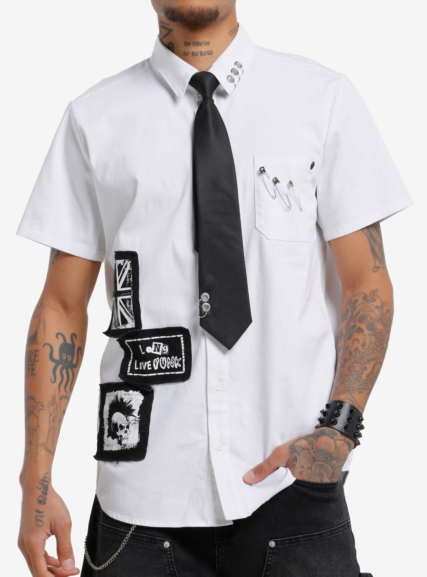 Social Collision Pierced Punk Woven Button-Up With Tie, , hi-res