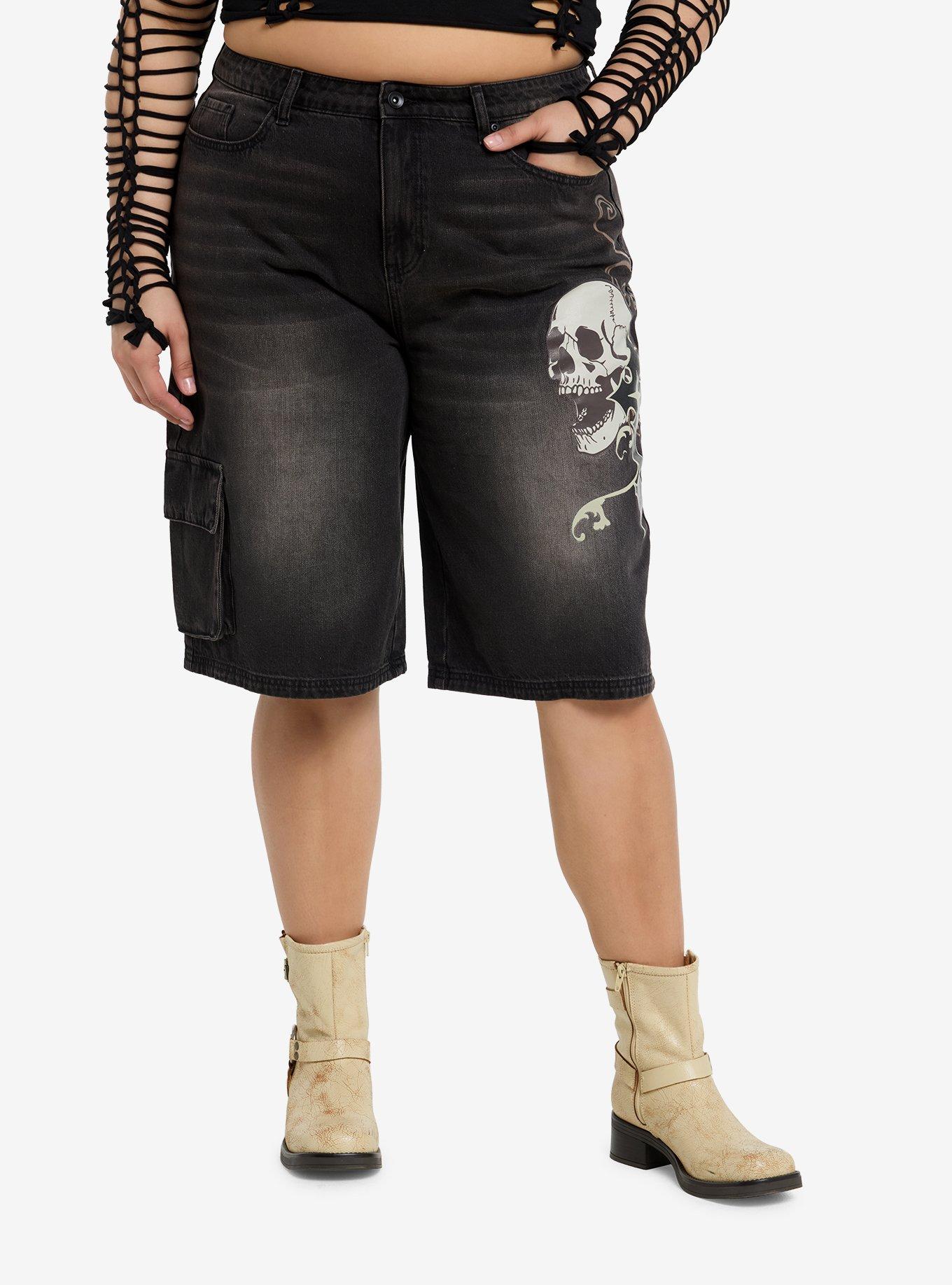 Vintage Wash Skull & Cross Denim Long Shorts Plus Size, , hi-res